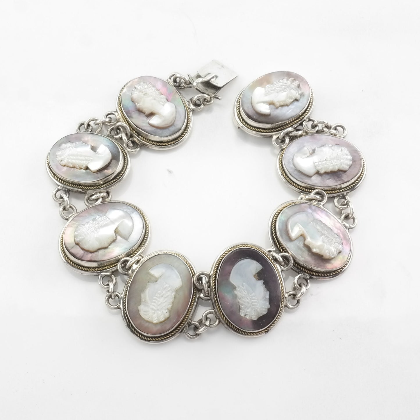 Vintage Cameo Bracelet 800 Sterling Silver Link Abalone Portrait