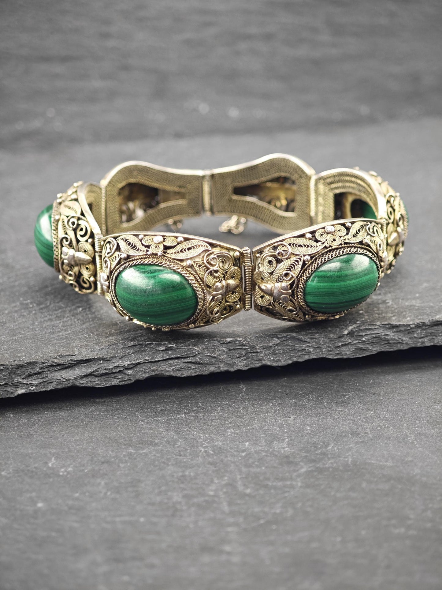 Chinese Silver Gilt Filigree, Malachite Panel Bracelet Sterling Silver