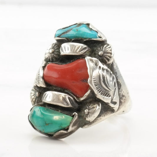 Vintage Dan Simplicio Silver Ring Coral Turquoise Leaf Sterling Size 10 3/4