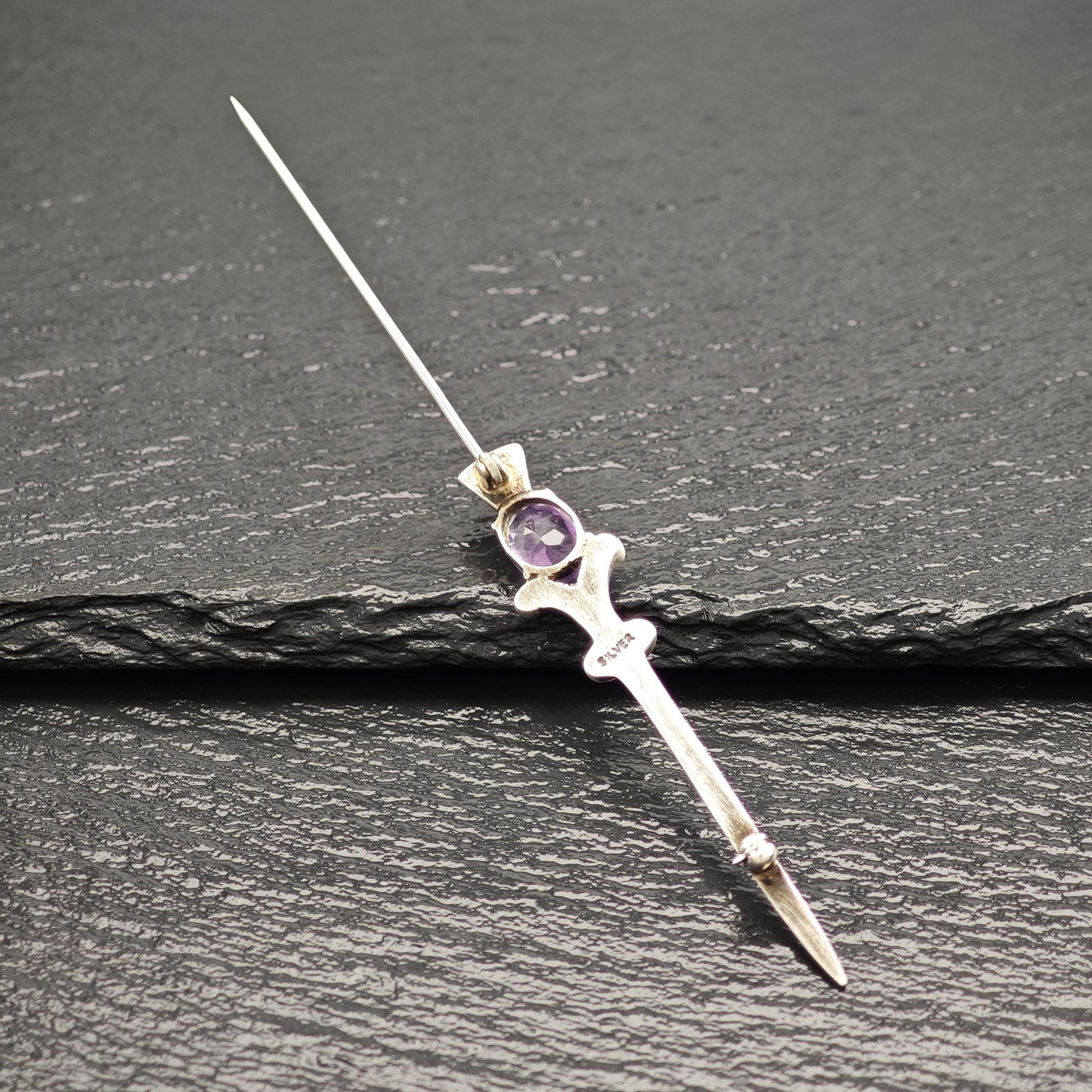 Purple Amethyst Sword Brooch Sterling Silver