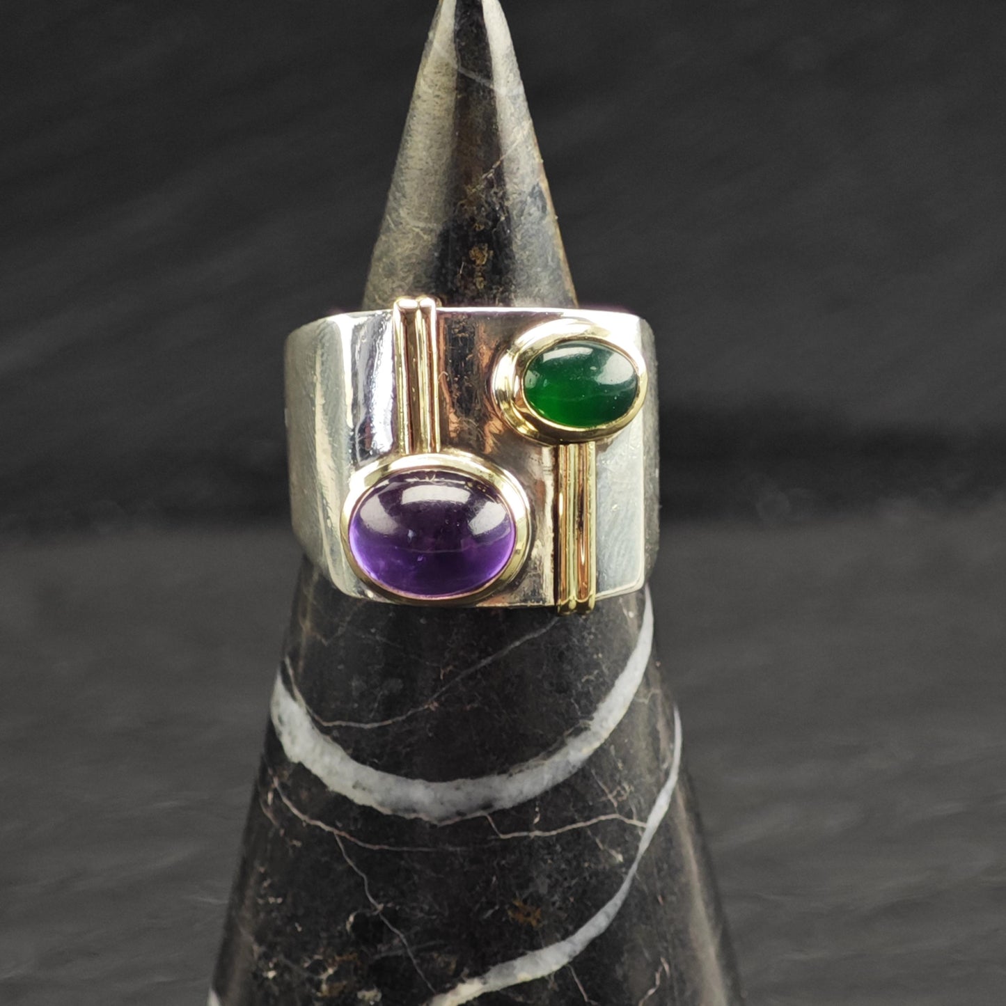 Amethyst Chrysoprase Cabochon 14k Gold Accents Sterling Silver Ring Sz 8 1/4 R6726