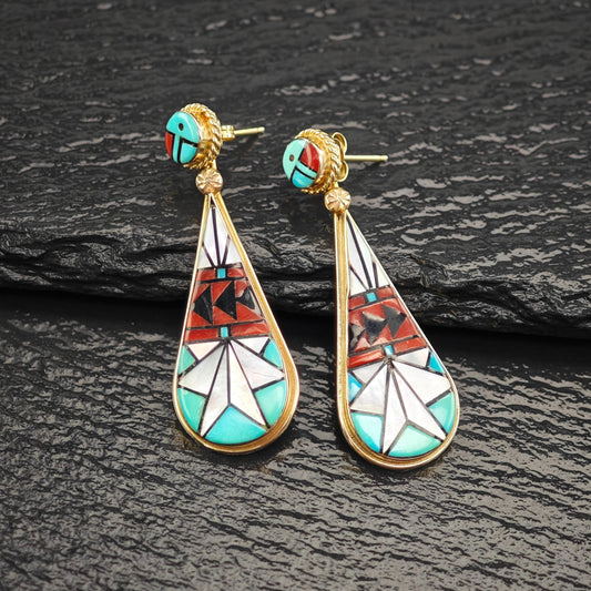Zuni Inlay 14k Gold Dangle Stud Earrings Eriacho Native American