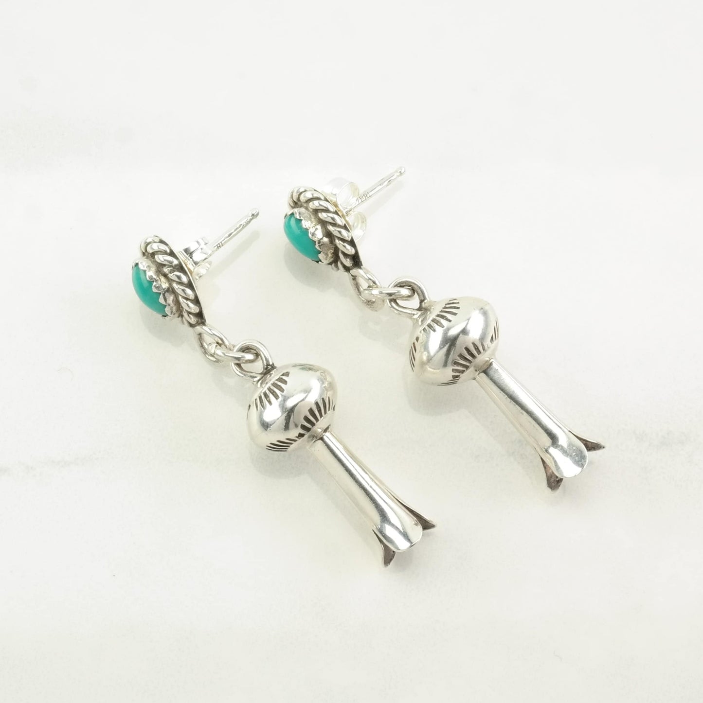 Native American Sterling Silver Turquoise Blossom Earrings Stud Dangle