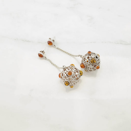 Vintage Sterling Silver Stud Dangle Earrings Orange Amber Ball