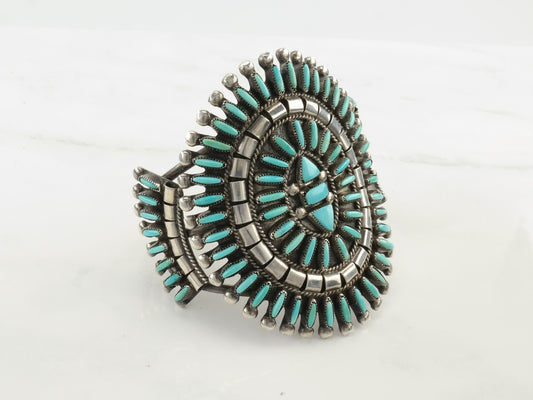 Native American Zuni Sterling Silver Cuff Bracelet Blue Turquoise Needlepoint Cluster