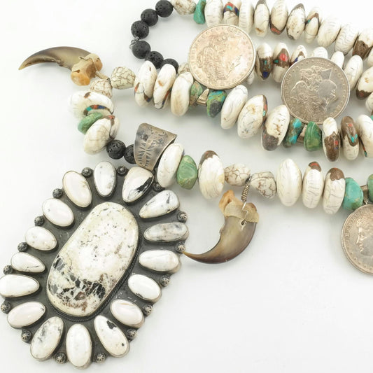 Vintage Iron Wolf Thompson Sterling Silver Huge Bead, White Buffalo, Turquoise, Howlite, Lava Rock Morgan Dollars Necklace