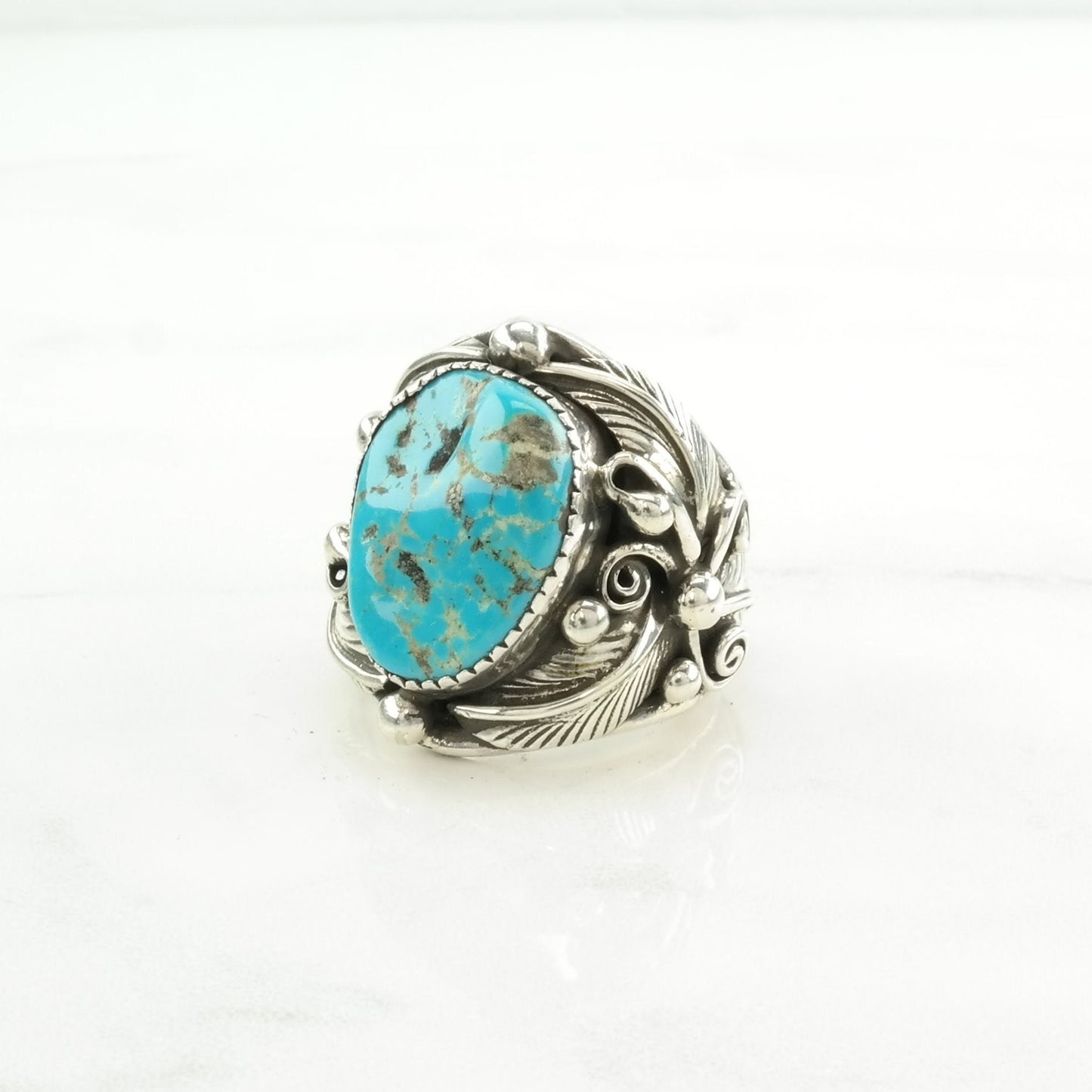 Native American Silver Ring Kingman Turquoise Leaf Sterling Blue Size 8