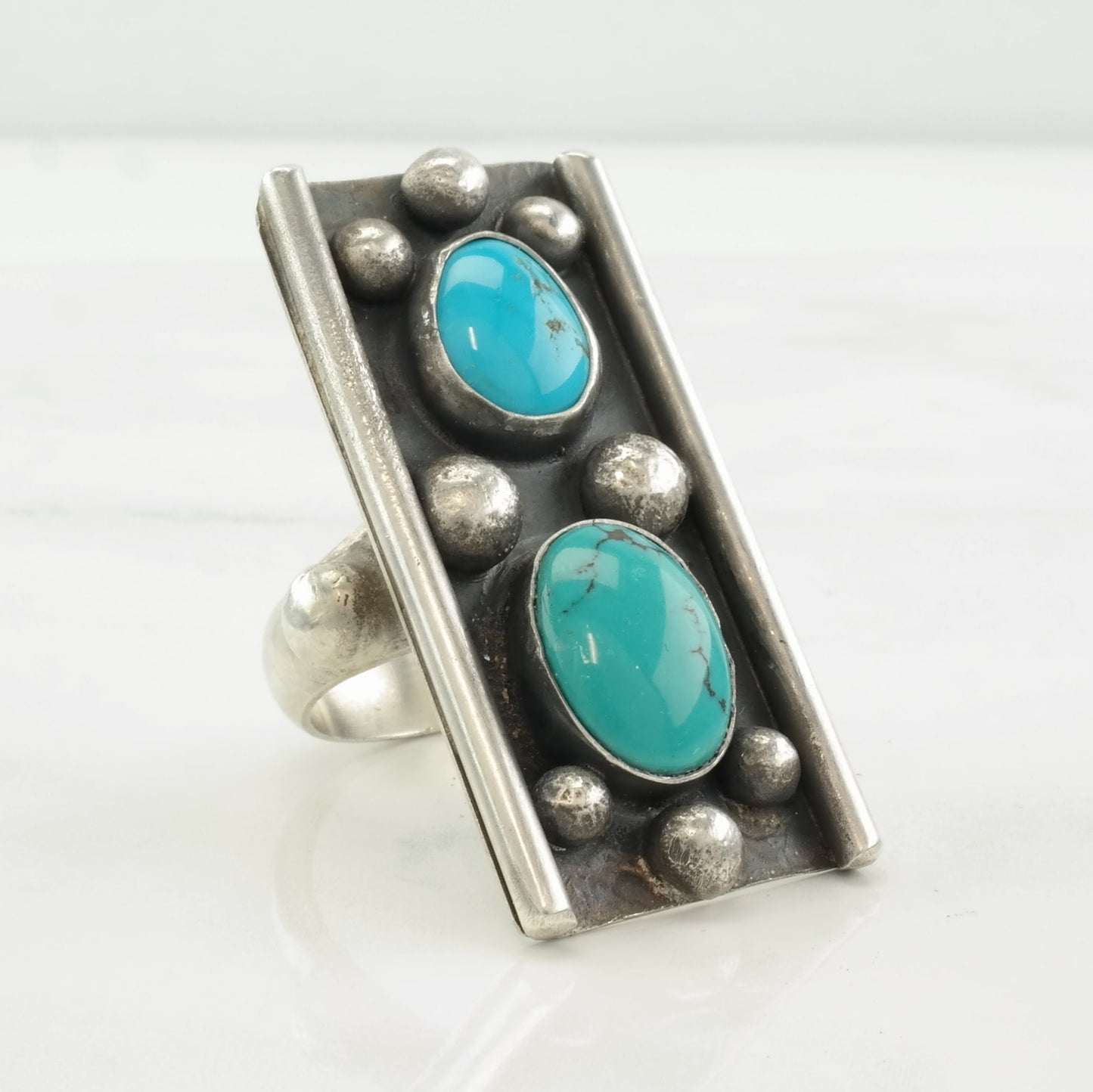 Vintage Native American Ring Turquoise Abstract Sterling Silver Size 8 1/4