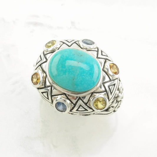 Vintage Thai Sterling Silver Ring Turquoise, Sapphire Floral, Dome Blue, Orange, Yellow Size 9