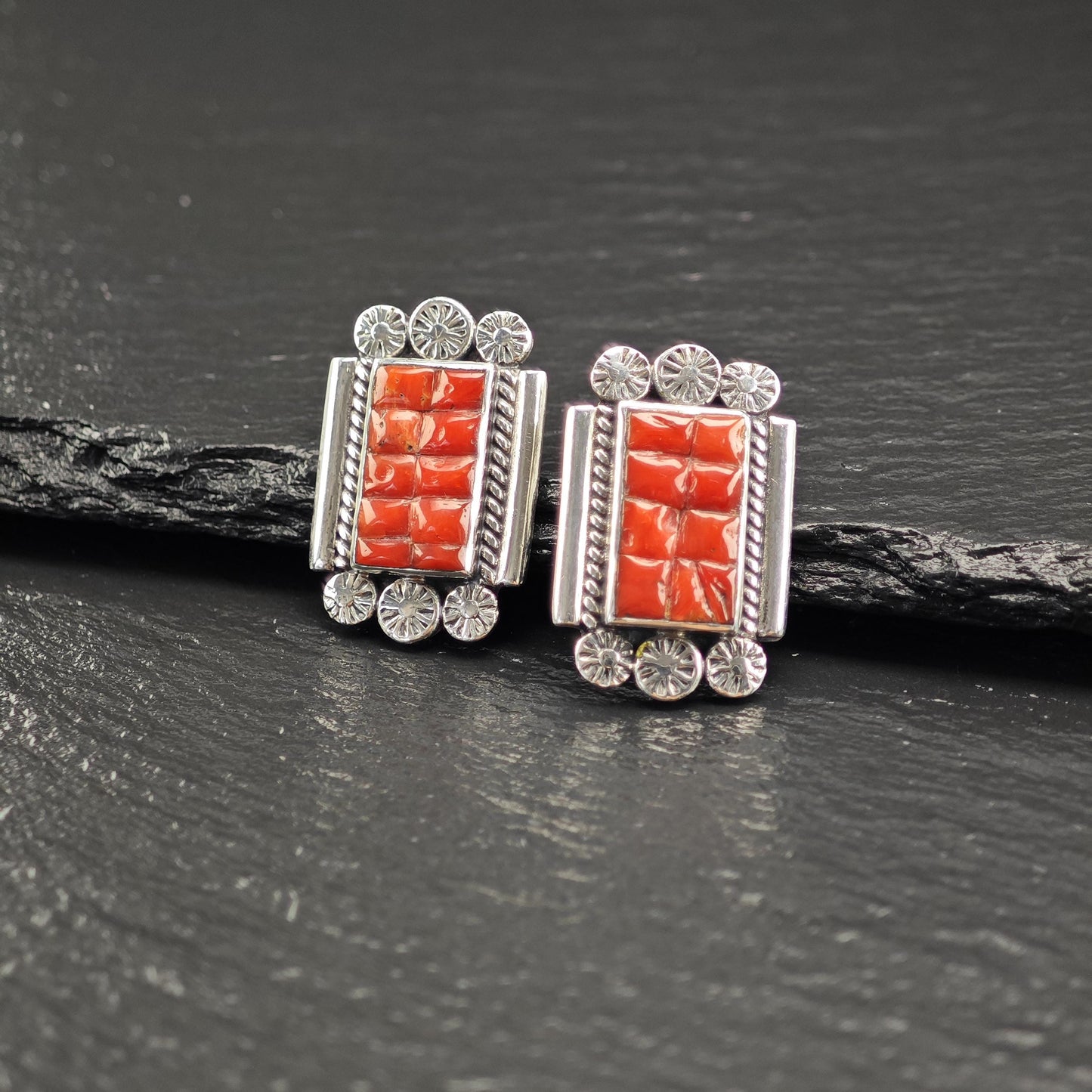 Southwest Red Coral Inlay Stud Earrings Sterling Silver