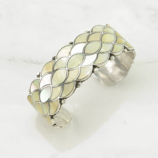 Zuni Sterling Silver Cuff Bracelet MOP Inlay, Fishscale