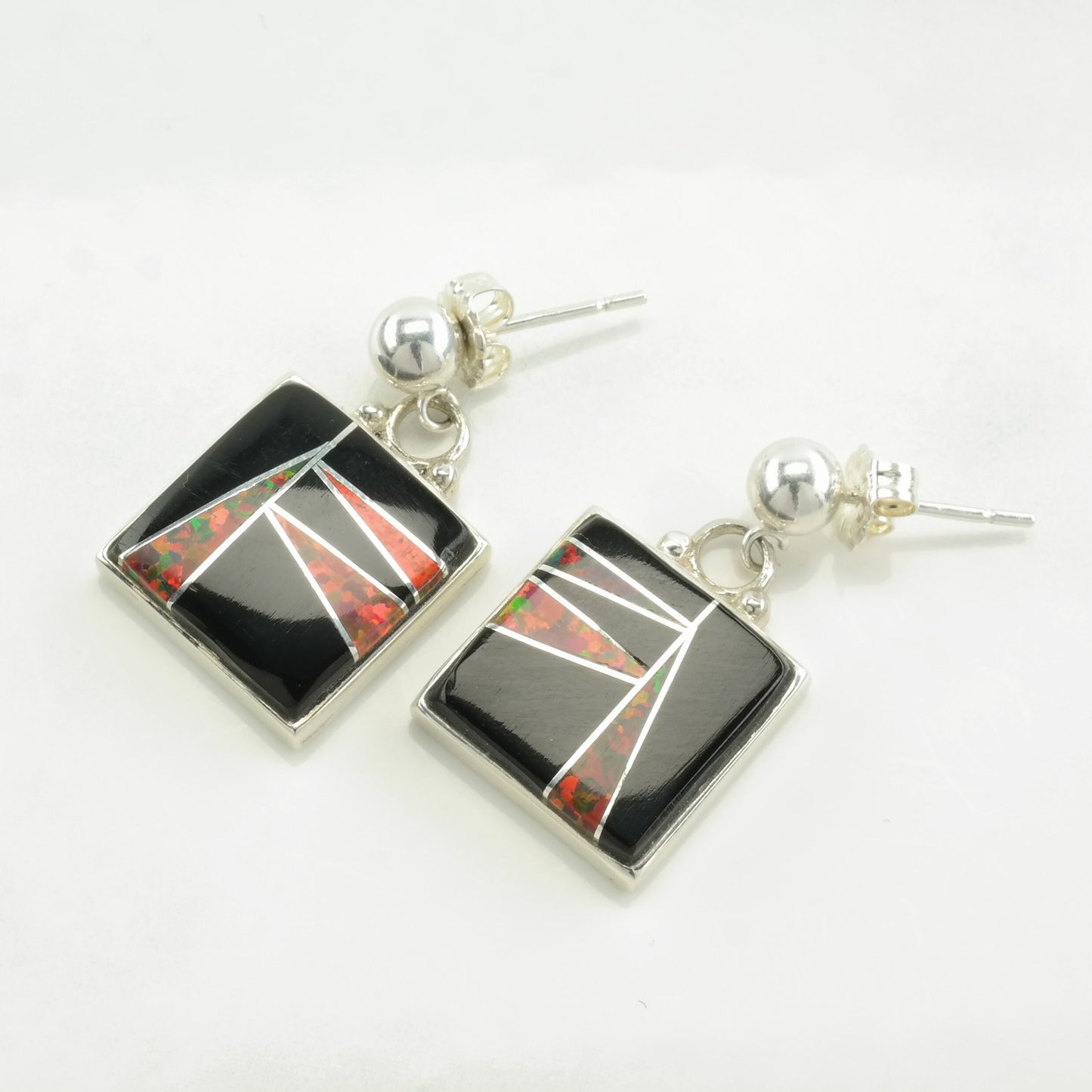 Ferris Sterling Silver Onyx, Fire Lab Opal Inlay Earrings Stud, Dangle