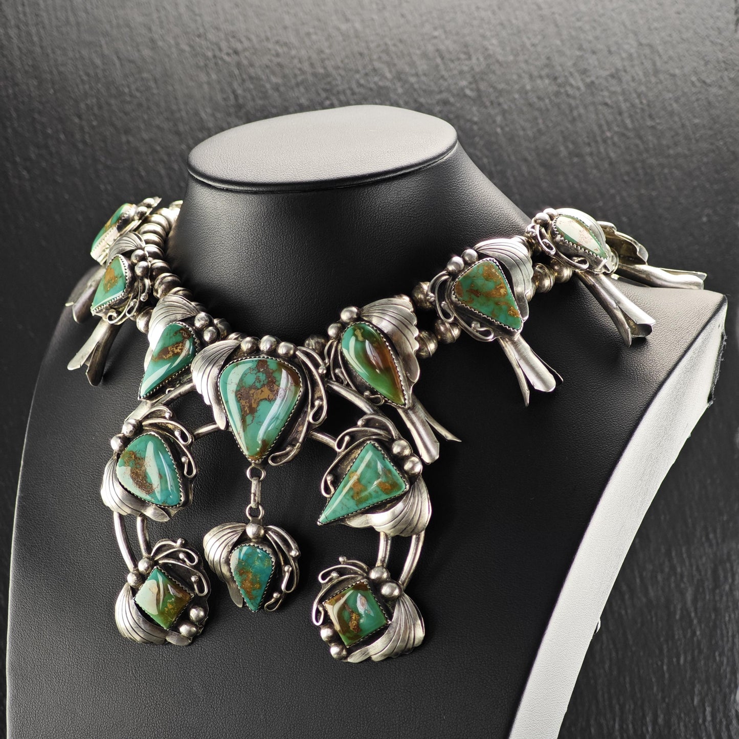 Native American Green Royston Turquoise Squash Blossom Necklace Sterling Silver