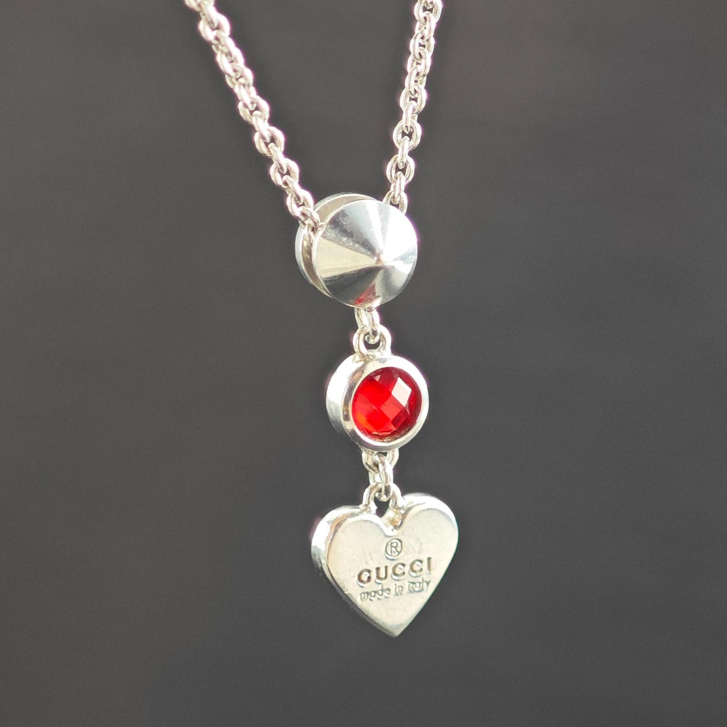 Gucci Sterling Silver Red Crystal Heart, Modernist Necklace N2592