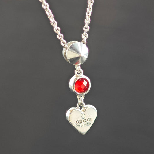 Gucci Sterling Silver Red Crystal Heart, Modernist Necklace N2592