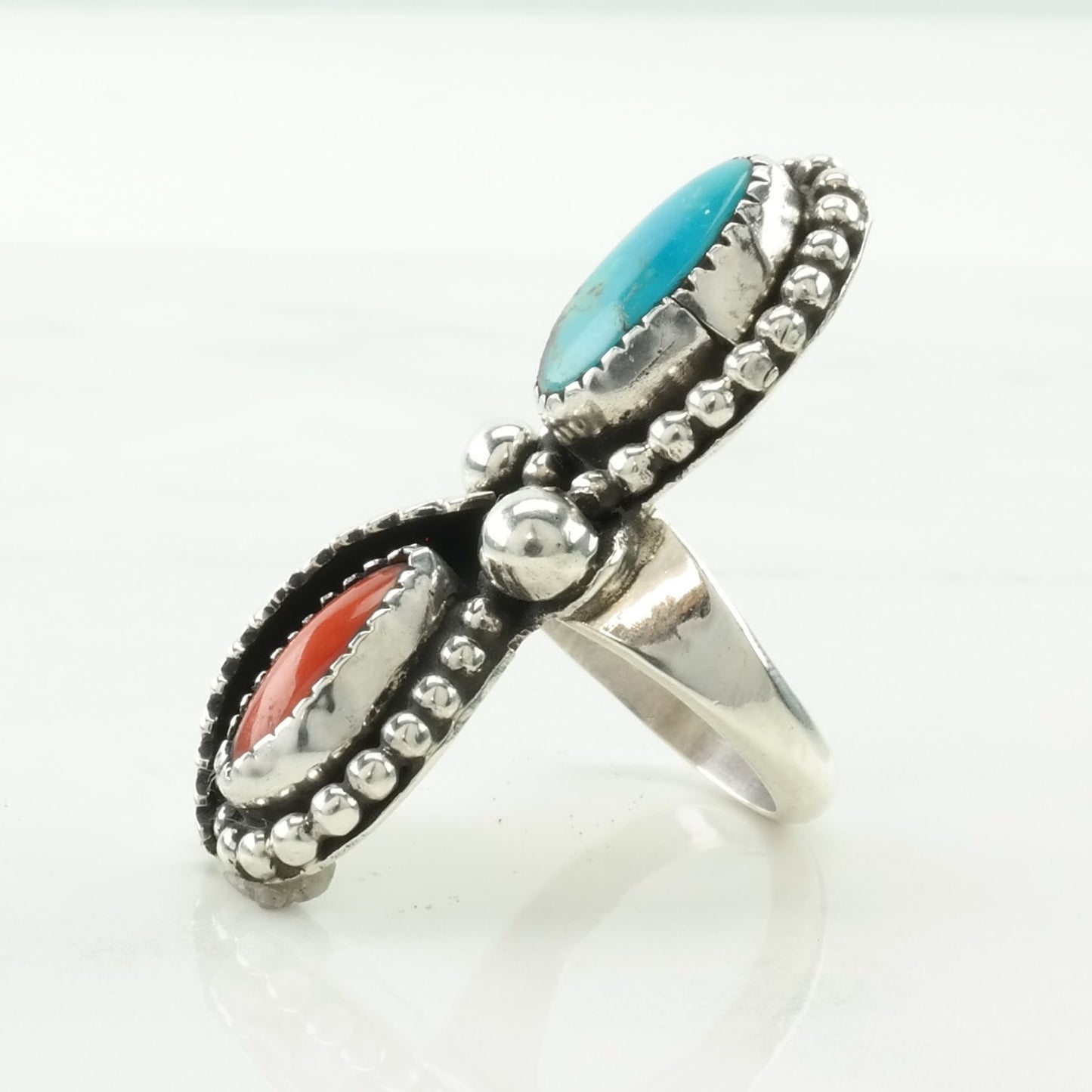 Native American Silver Ring Turquoise, Coral Leaf Sterling Size 5 1/2