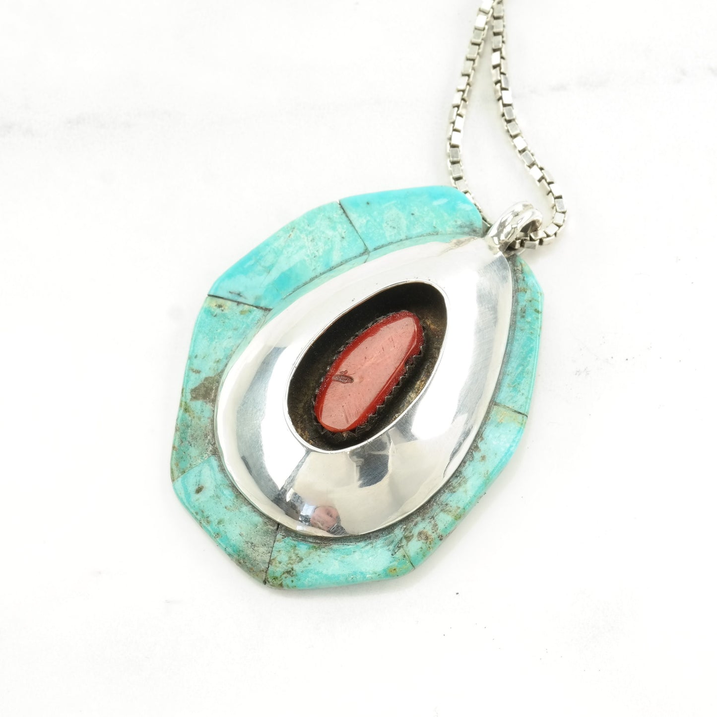 Native American Sterling Silver Blue, Red Turquoise, Coral Shadowbox, Cobblestone Inlay Necklace