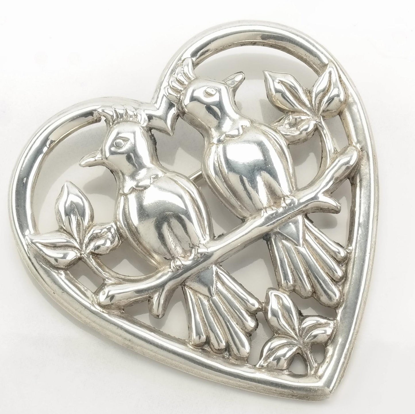 Coro Style Sterling Silver Brooch Heart Birds