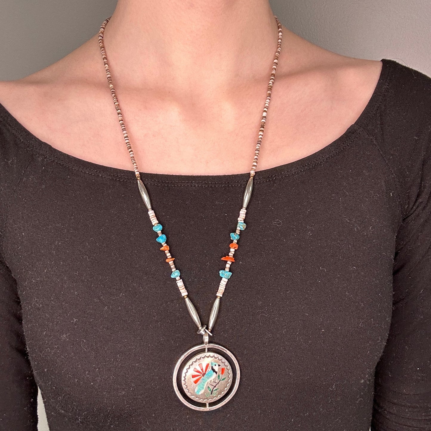 Native American Sterling Silver Turquoise, Coral Bird Inlay Necklace