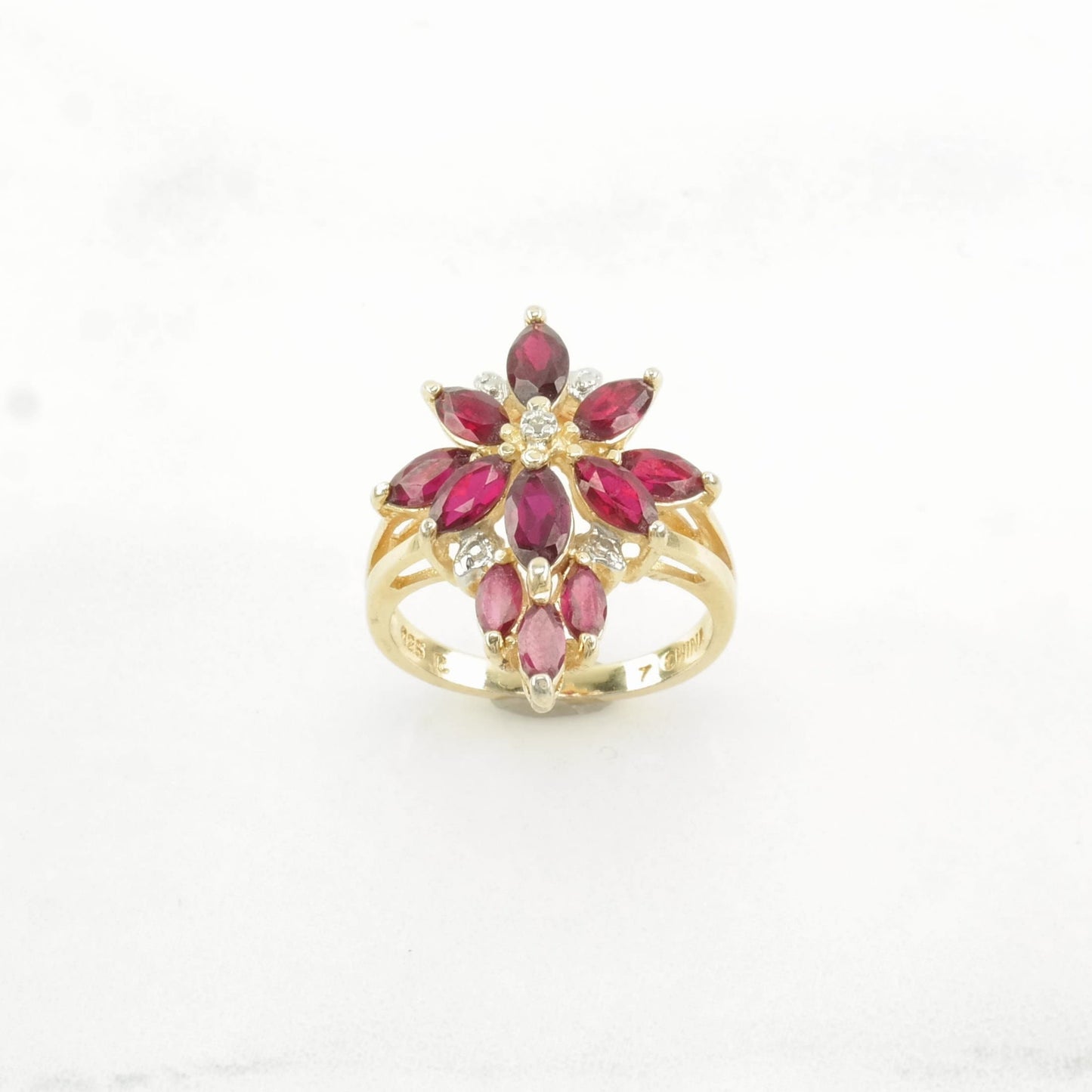 Sterling Silver Ring Lab Ruby, Diamond Chip Cluster Pink Size 6 3/4