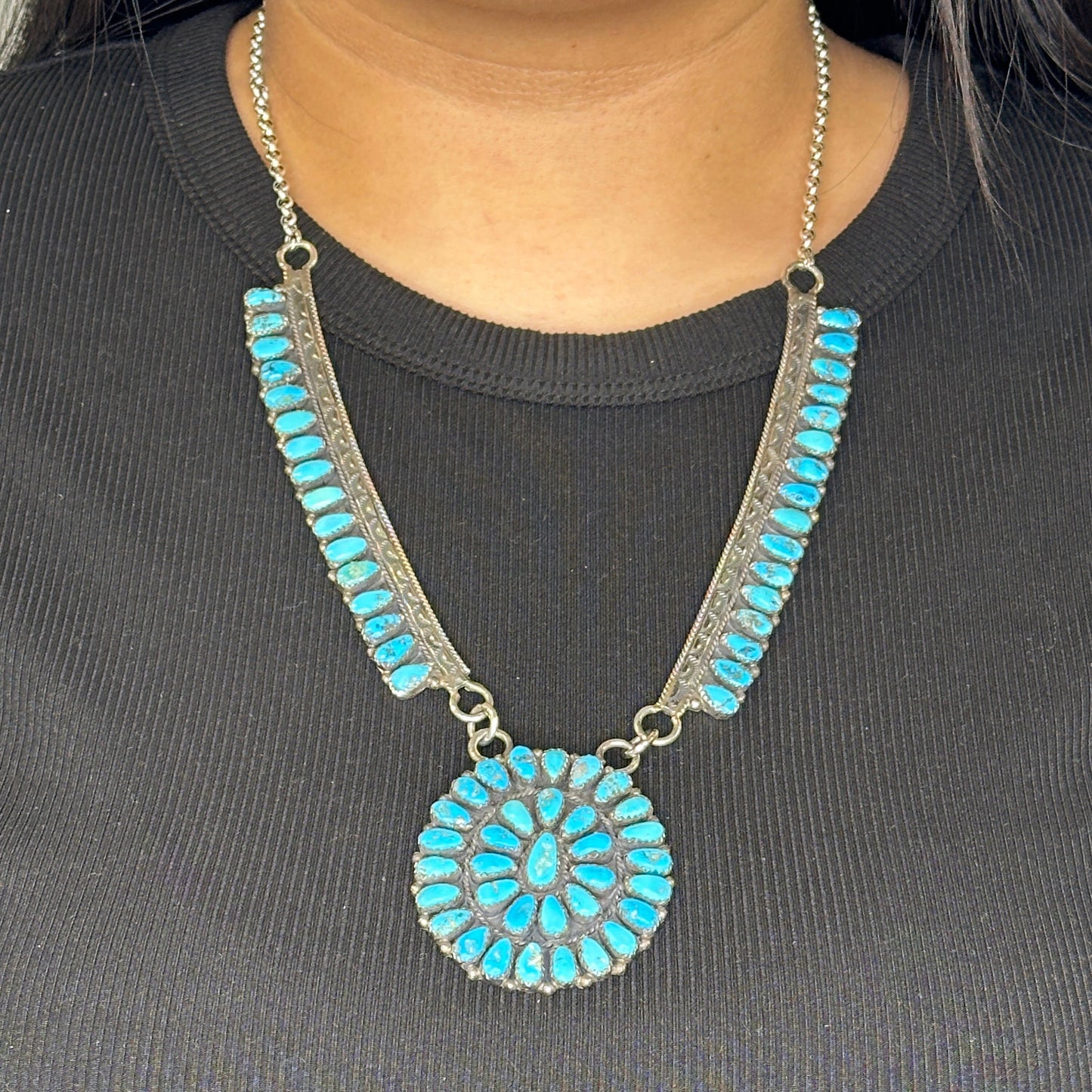 Native American Sterling Silver Blue Turquoise Cluster Necklace