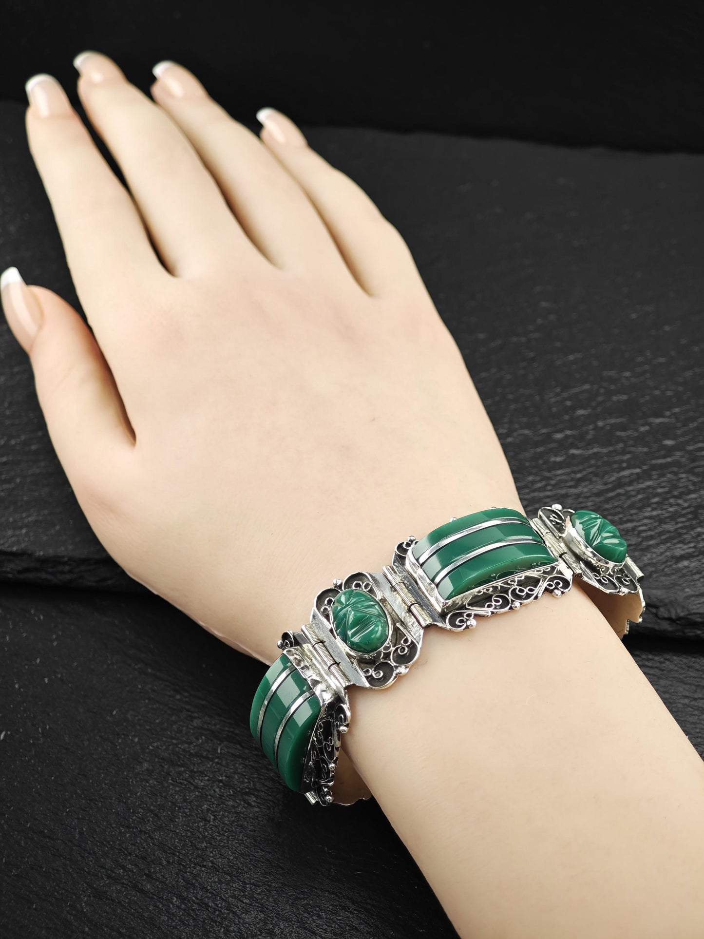 Mexico Green Onyx, Mask Panels Bracelet Sterling Silver