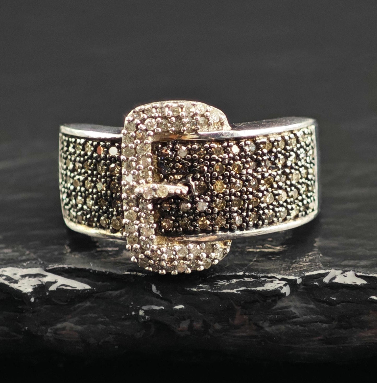 Brown & White Diamond Belt Buckle Sterling Silver Ring Sz 5 1/4 R6564