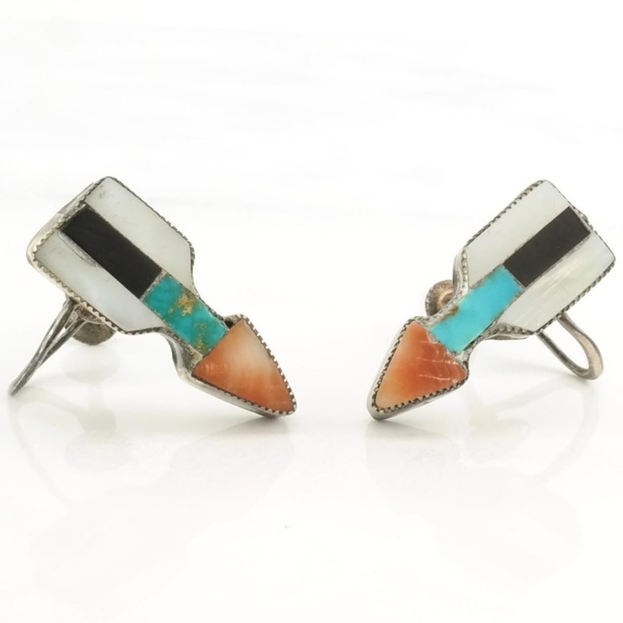 Native American Historic Inlay Sterling Silver Screw back Earrings MOP, Onyx, Turquoise, Spiny Oyster Arrow