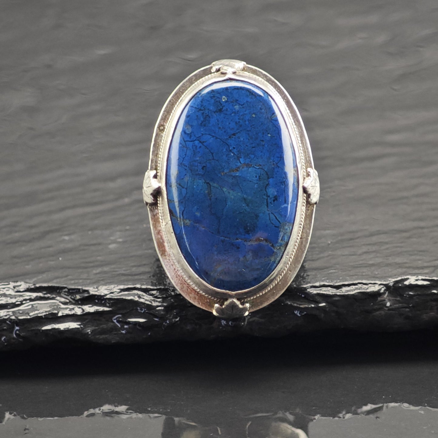 Art Deco Large Blue Gemstone Sterling Silver Ring Sz 7 R6729