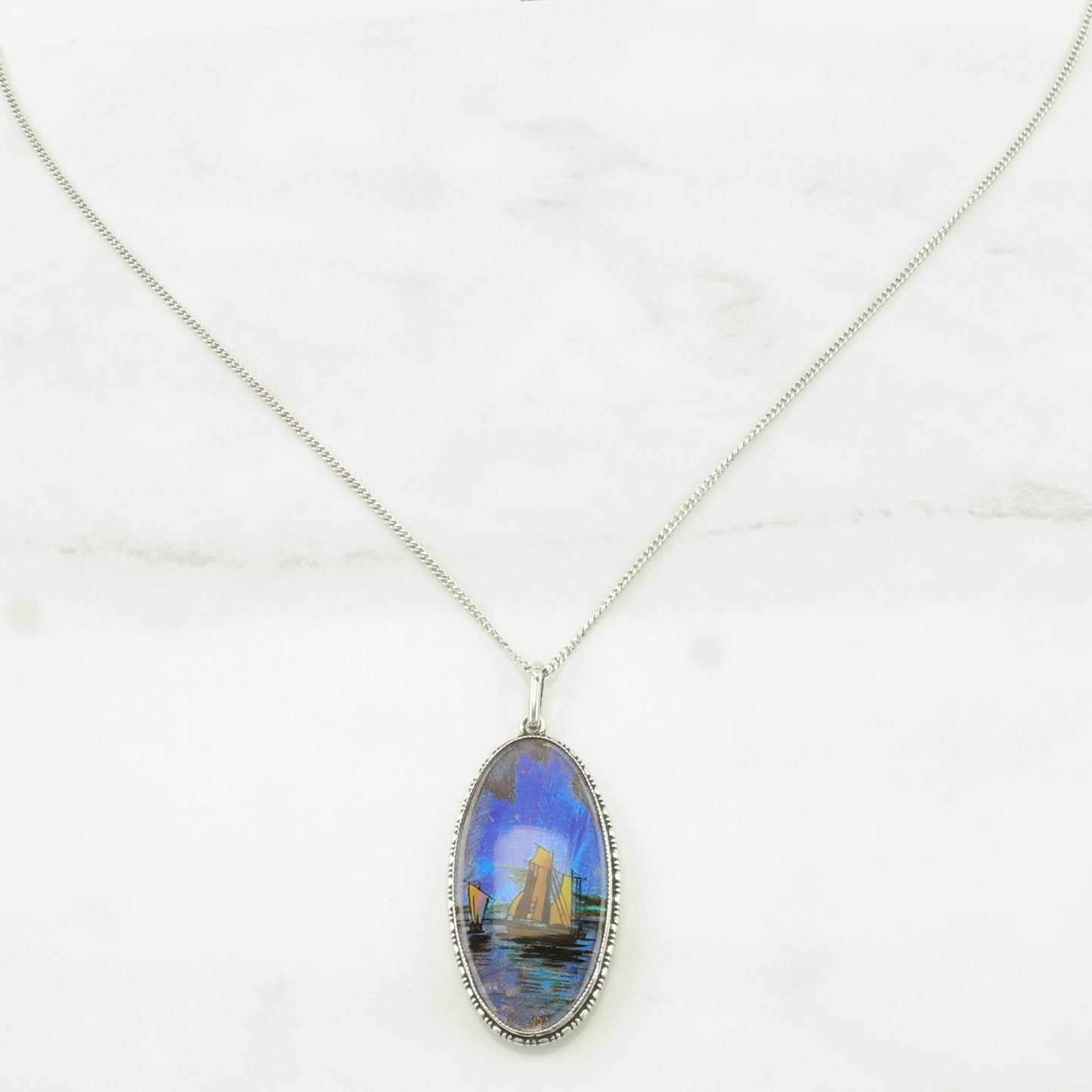 English Sterling Silver Blue, Iridescent Butterfly Wing Painted Boats Necklace