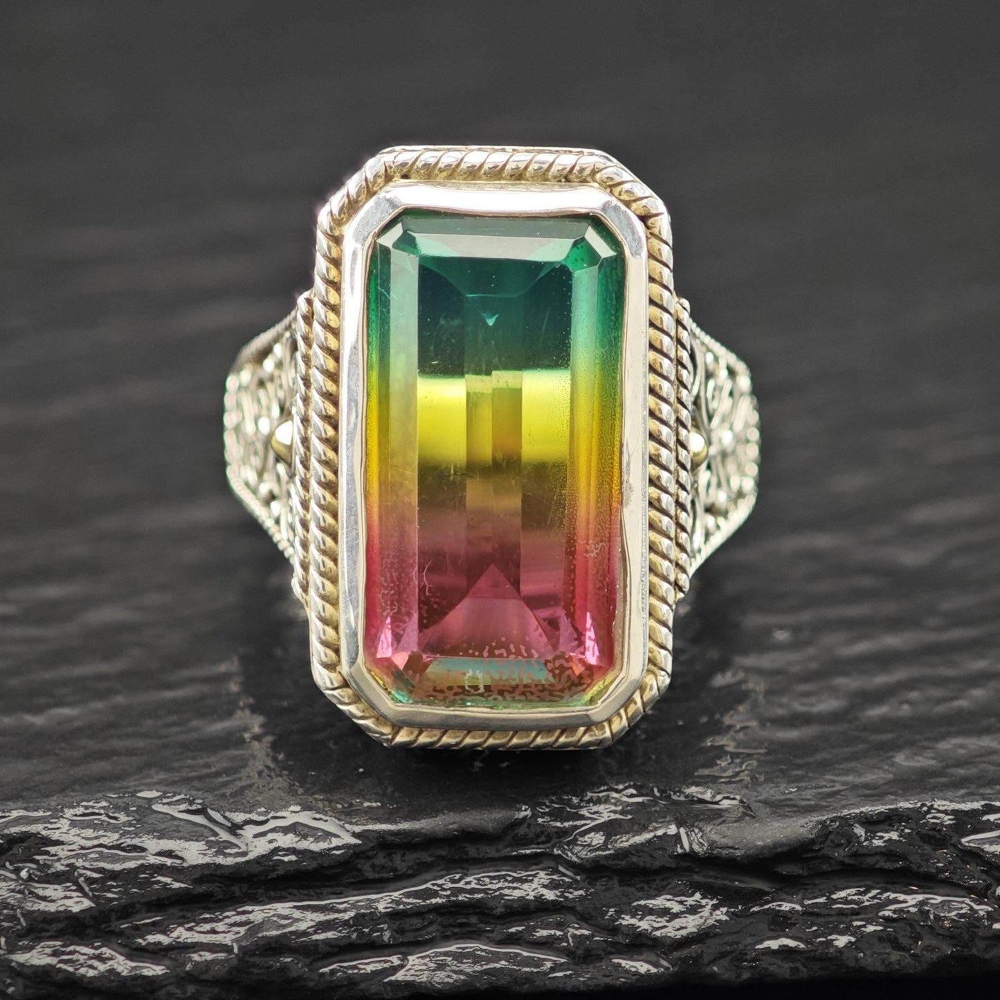 Watermelon Tourmaline Doublet 18K Gold Accents Ring Sterling Silver Sz 7 R6141