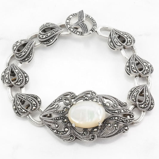 Art Deco Style Marcasite Bracelet Sterling Silver Link MOP