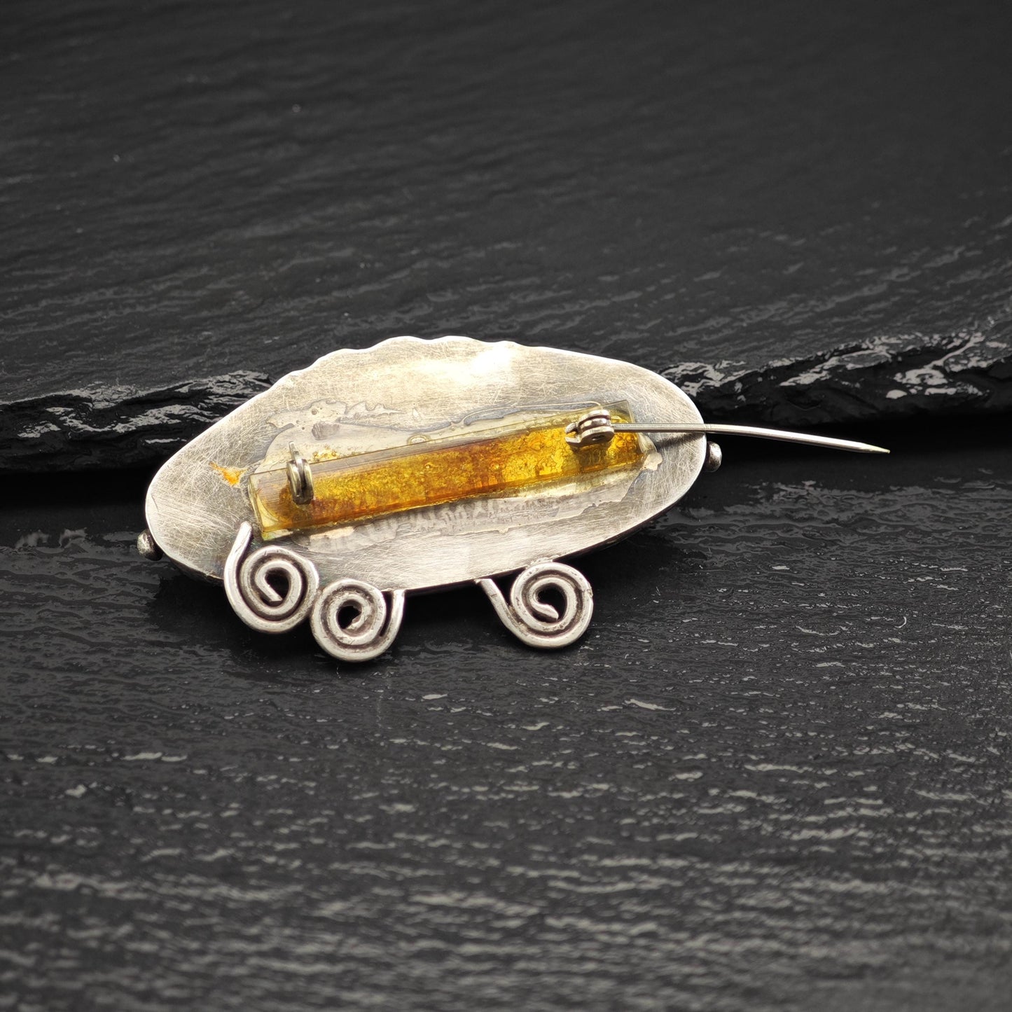 Vintage Brown Oval, Moss Agate Sterling Silver Brooch