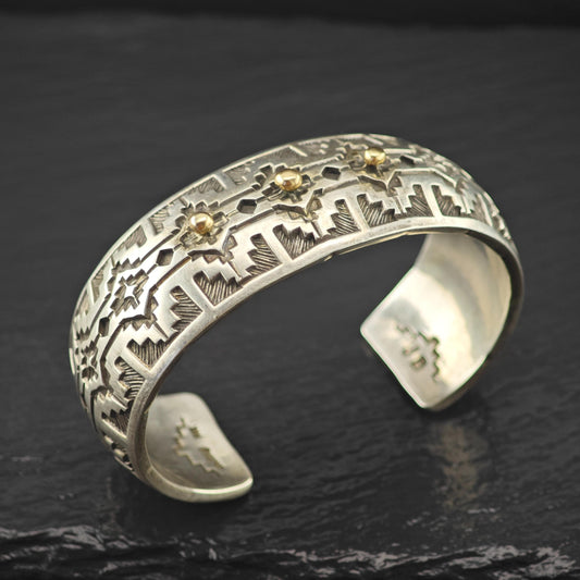 Silver Cuff Bracelet with 14k Gold Accents by Navajo, Native American Silversmith Sterling