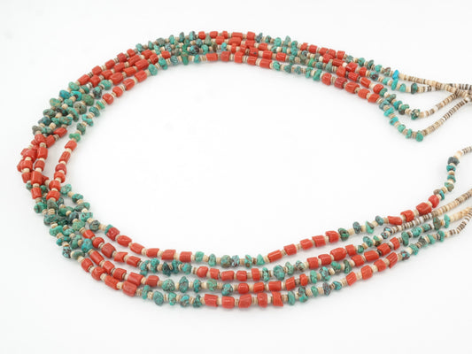 Native American Coral, Turquoise, Shell, Four Layer Heishi Necklace