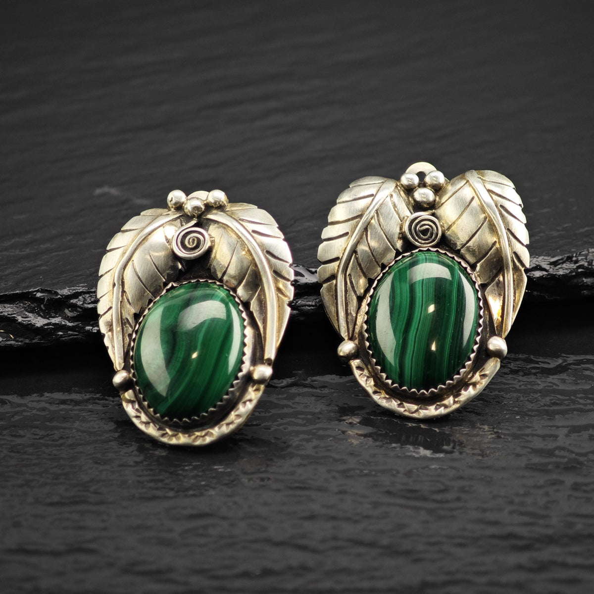 Vintage Native American Malachite Leaf ClipOn Sterling Silver Earrings ER3242