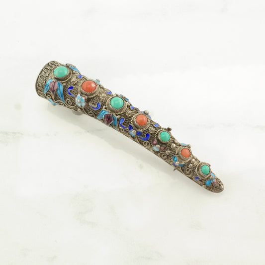 Antique Chinese Sterling Silver Brooch Enamel, Filigree Turquoise, Coral, Nail