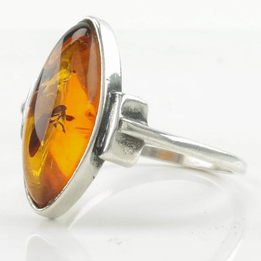 Navette Amber Silver Ring Sterling Orange