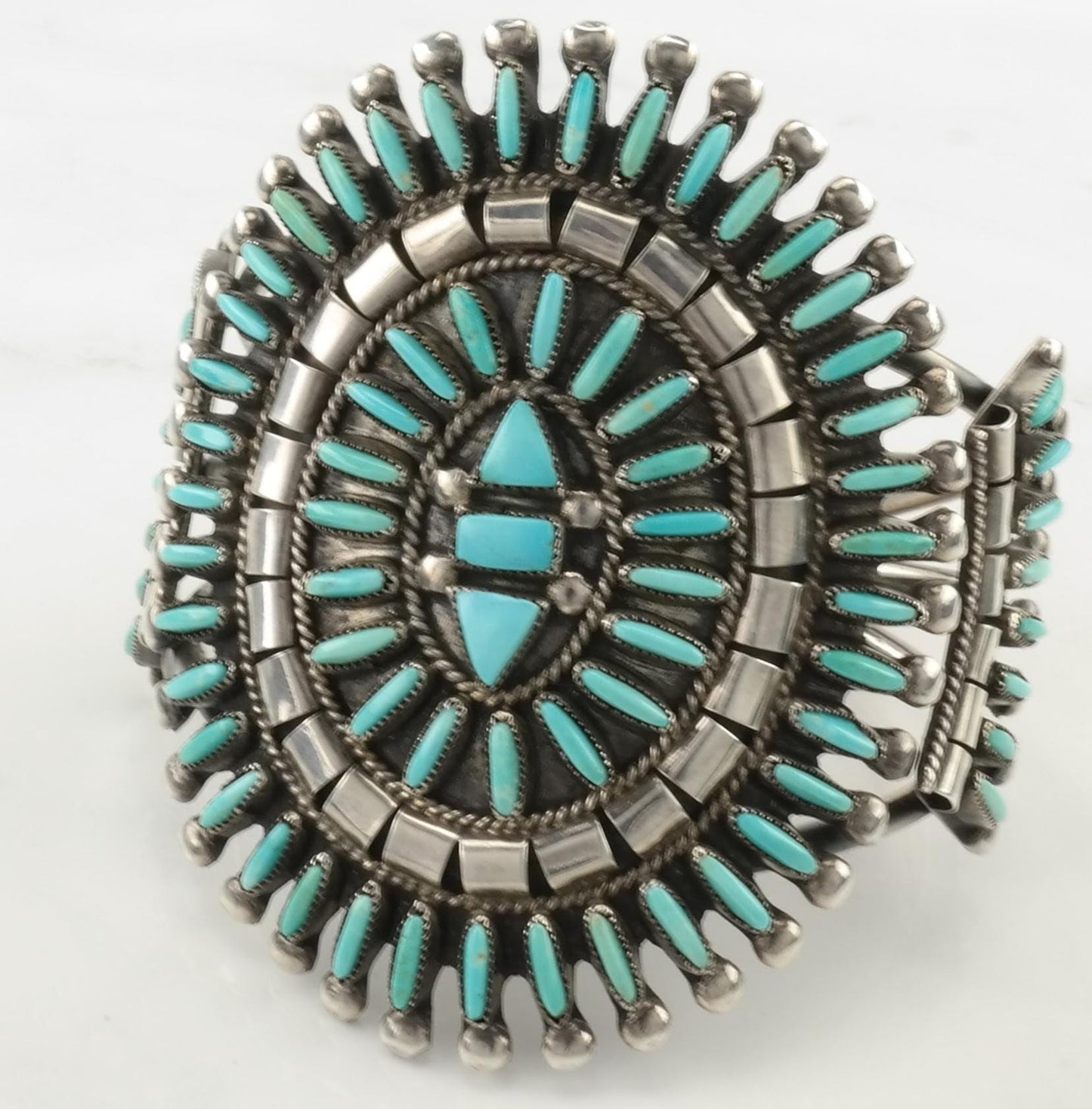 Native American Zuni Sterling Silver Cuff Bracelet Blue Turquoise Needlepoint Cluster