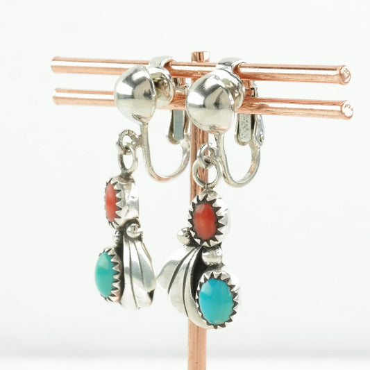 Native American Sterling Silver Turquoise, Coral Earrings Clip on/Dangle