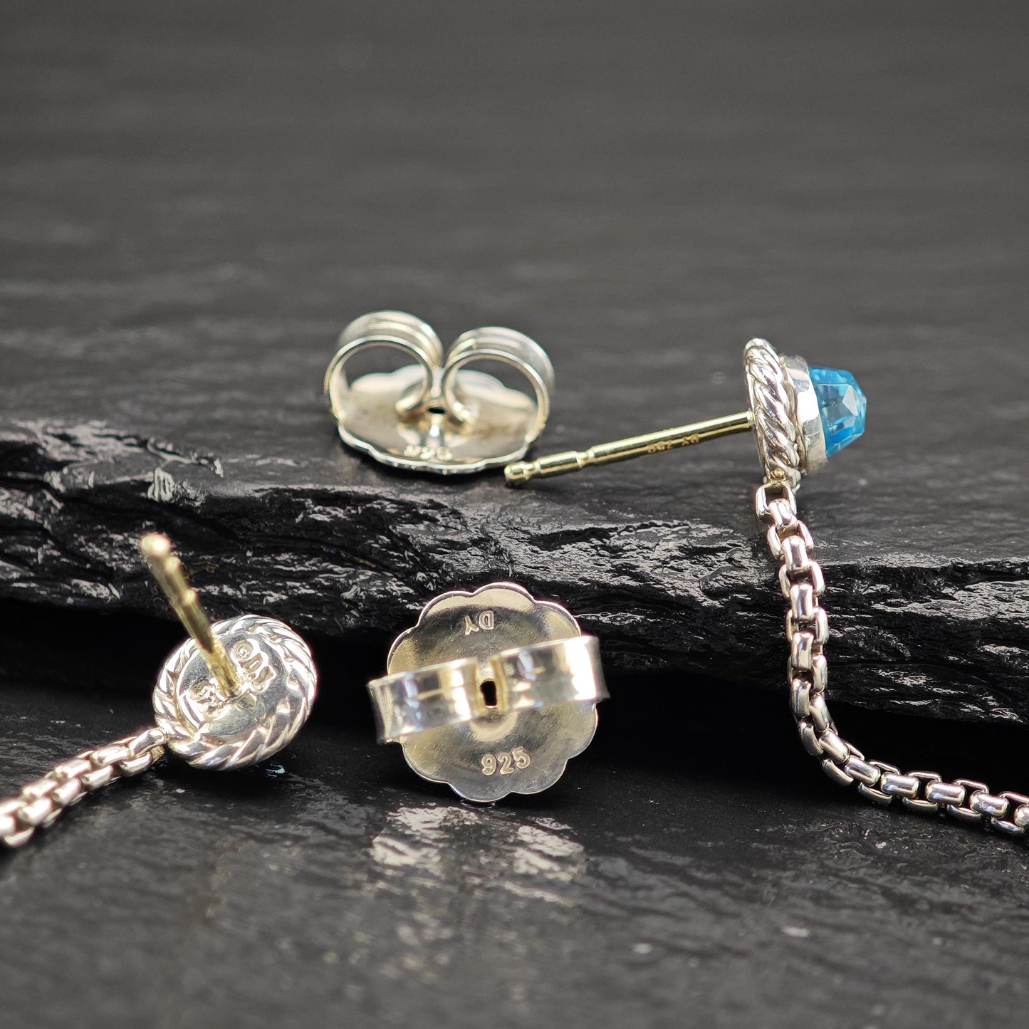 David Yurman Blue Topaz, 18K Gold Post Sterling Silver Earring/Necklace Set