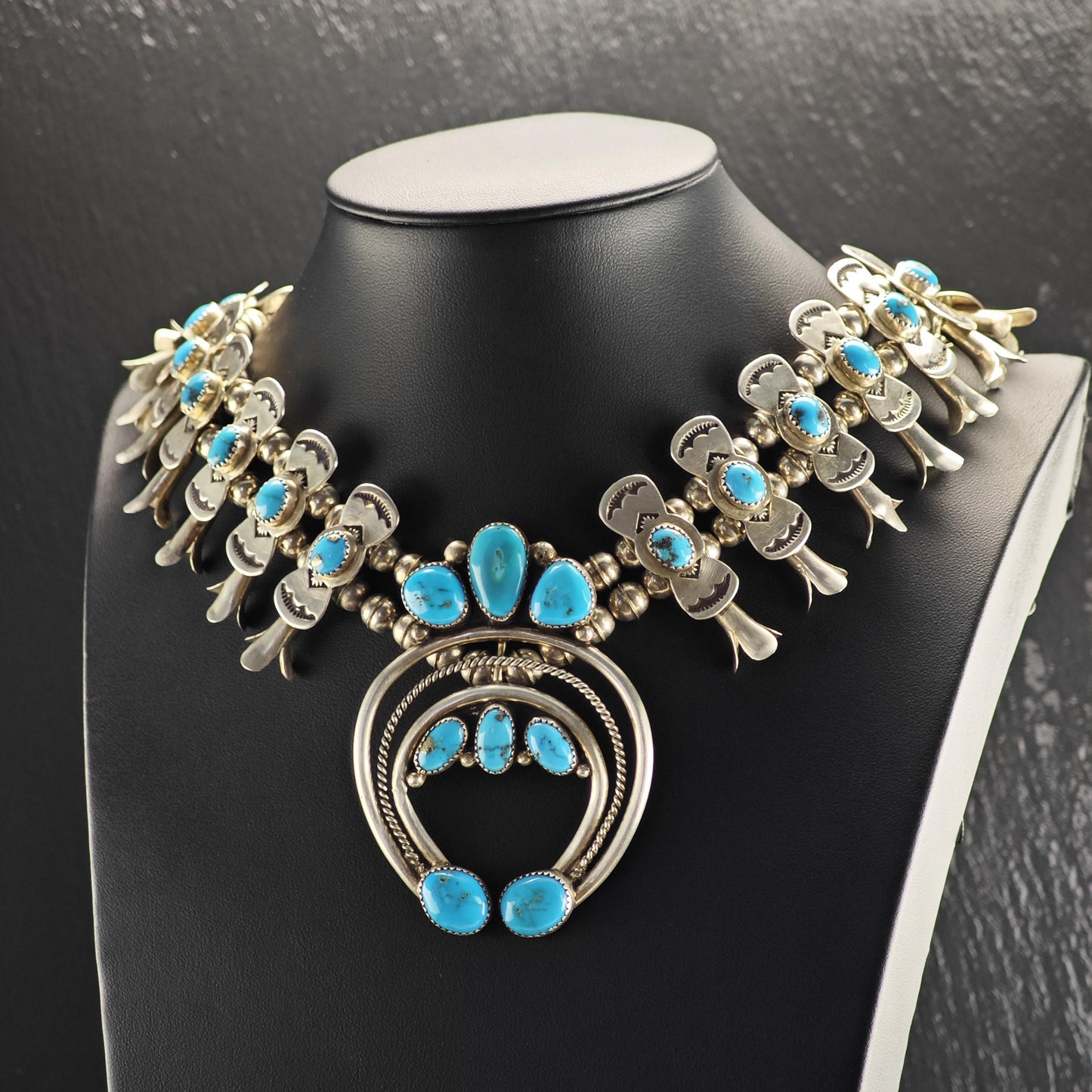 Vintage Navajo, Native American Turquoise Sterling Silver Squash Blossom Necklace N2766
