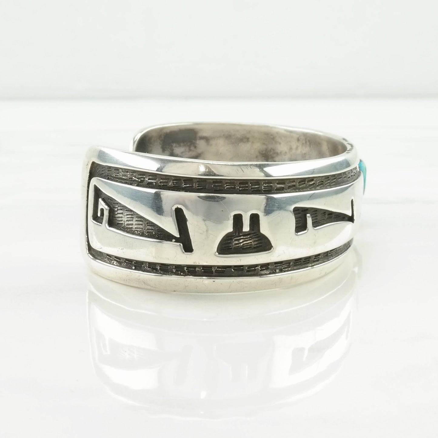 Hopi, Native American Sterling Silver Cuff Bracelet Blue Turquoise Asymmetrical, Overlay