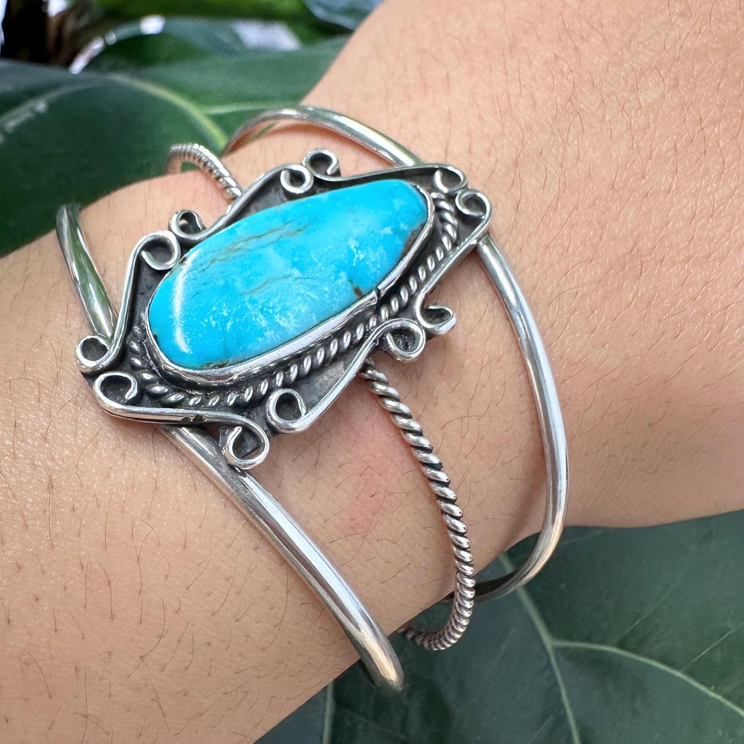 Native American Blue Turquoise, Shadow Box Sterling Silver Cuff Bracelet