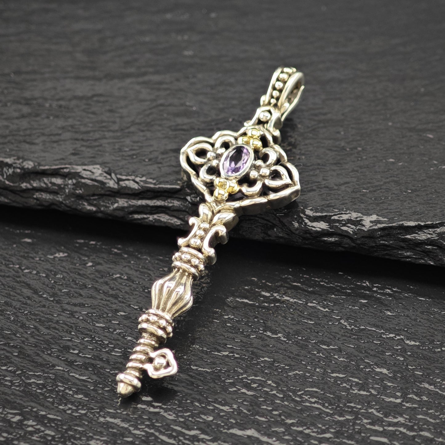 18K Gold Accent Amethyst Key Pendant Samuel Benham Sterling Silver