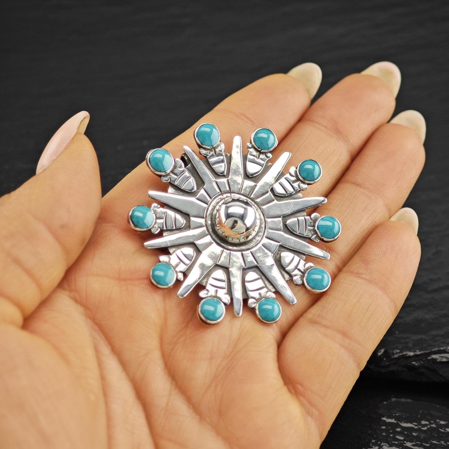 Cluster Blue Block Turquoise Brooch Pendant Spratling Style Sterling Silver