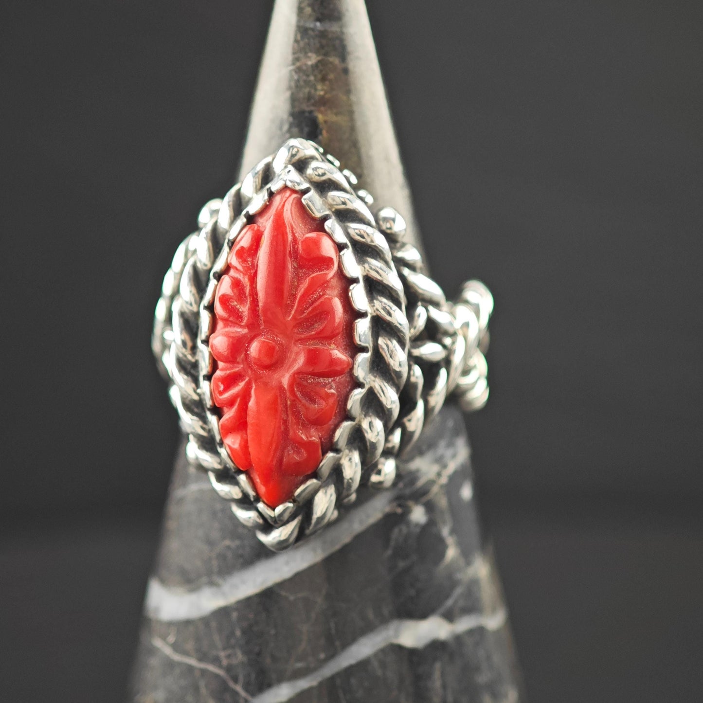 Carolyn Pollack Carved Red Floral Ring Sterling Silver