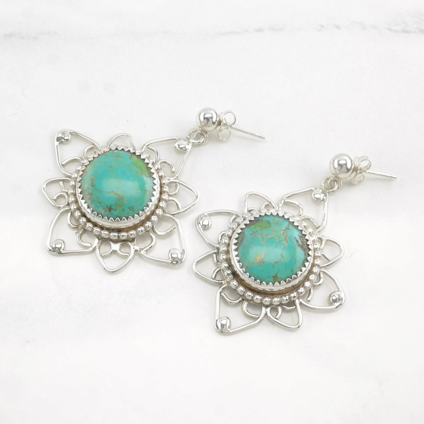 Native American Sterling Silver Blue Turquoise Floral Earrings Stud, Dangle