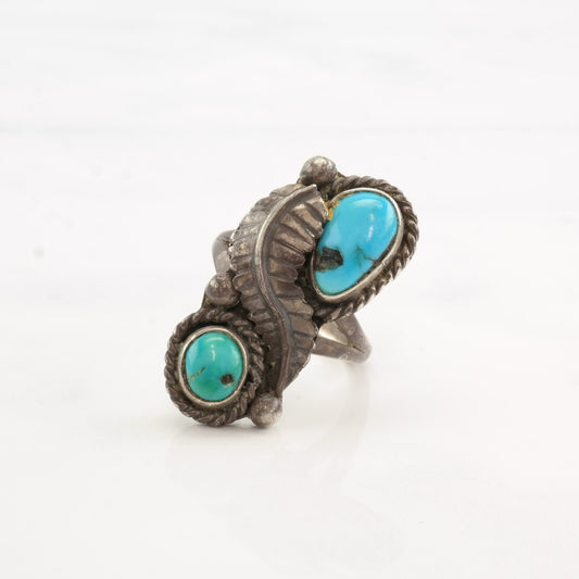 Native American Silver Ring Turquoise Leaf Double Stone Sterling Size 7 1/2