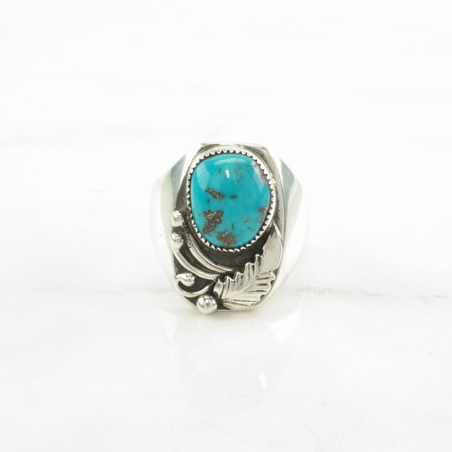 Native American Silver Ring Turquoise Leaf Sterling Blue Size 12